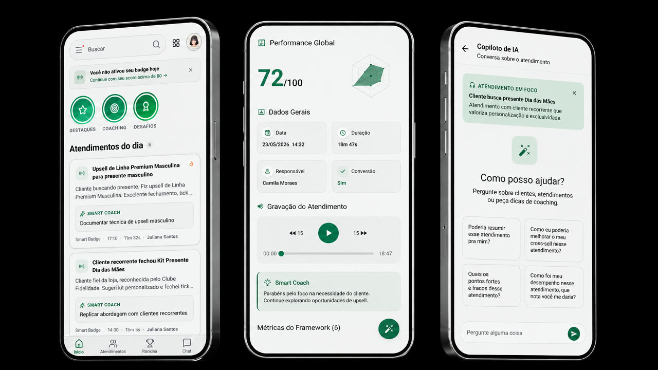 Telas do app Smart Badge: feed de atendimentos, performance e copiloto de IA
