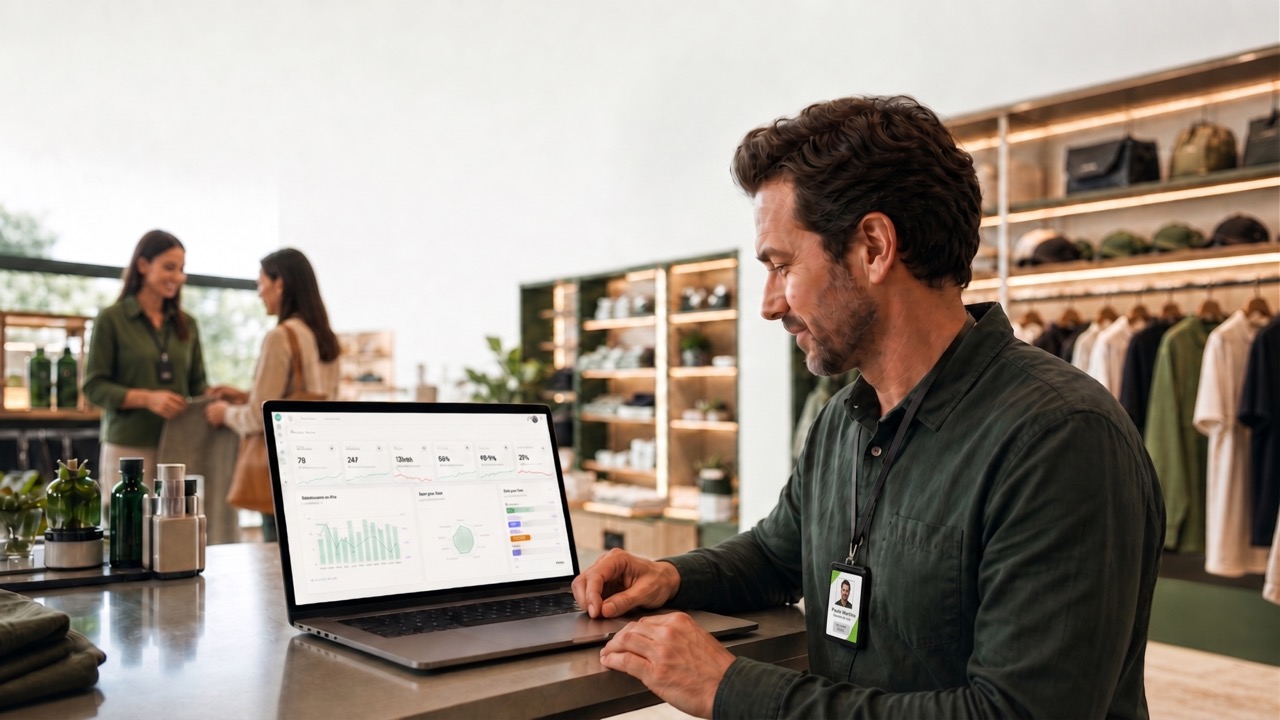 Gestor analisando o painel do Smart Badge num laptop na loja