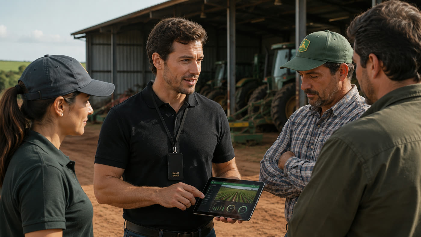 Representante com o Smart Badge em visita externa no campo