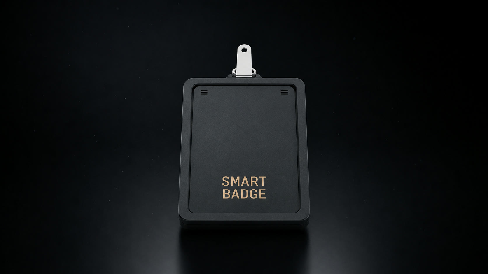 Smart Badge: crachá inteligente preto com lettering SMART BADGE em dourado
