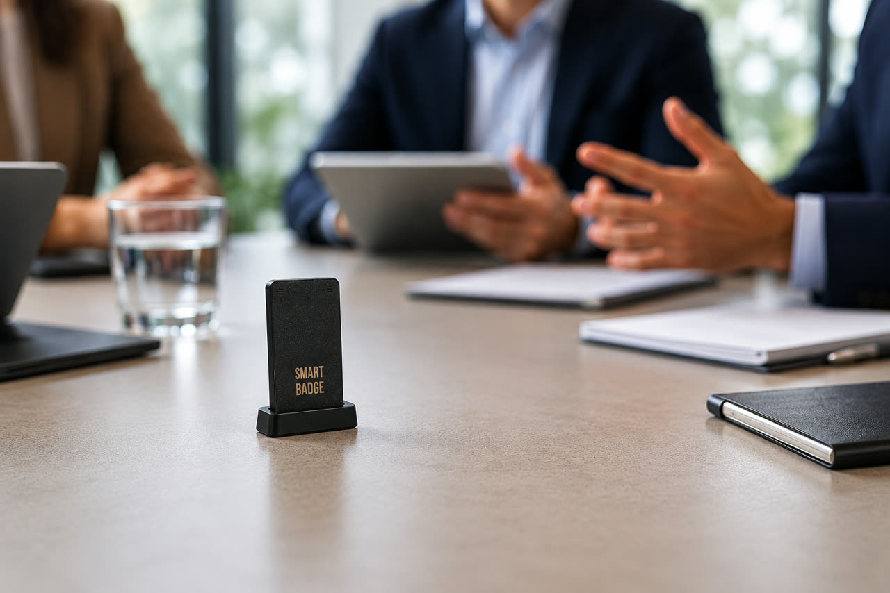 Smart Badge sobre a mesa de reunião capturando a conversa