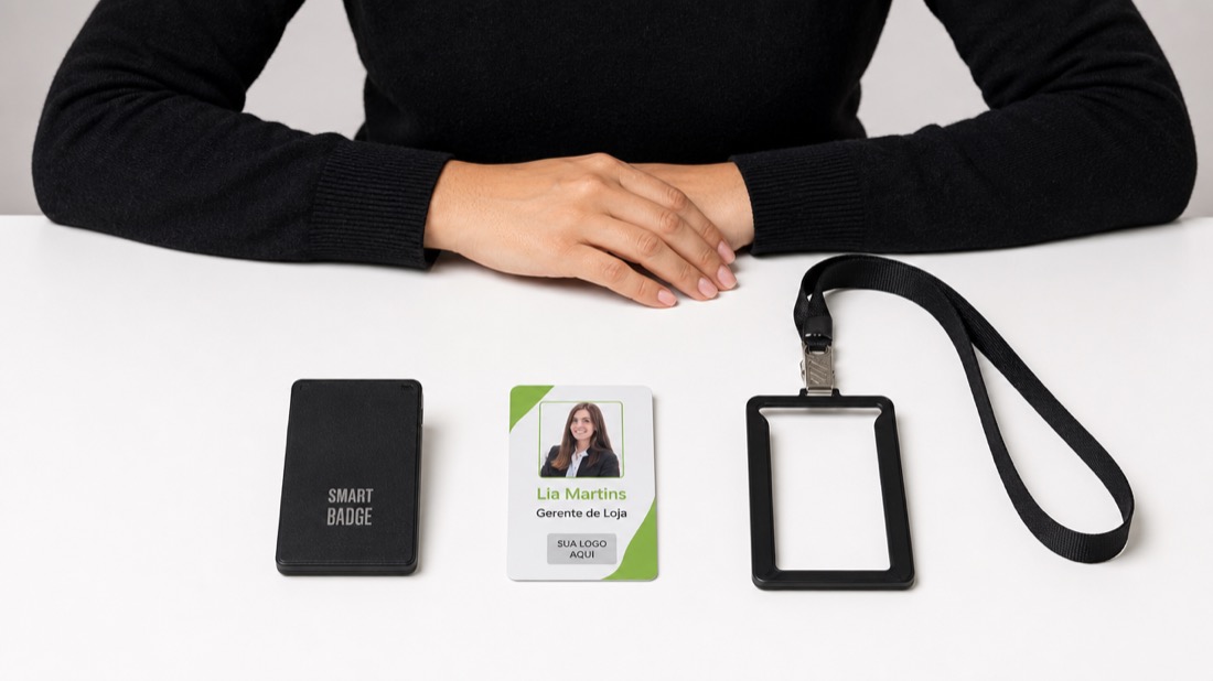 Os três componentes do Smart Badge sobre a mesa: o device preto, o crachá de identificação e o suporte com cordão