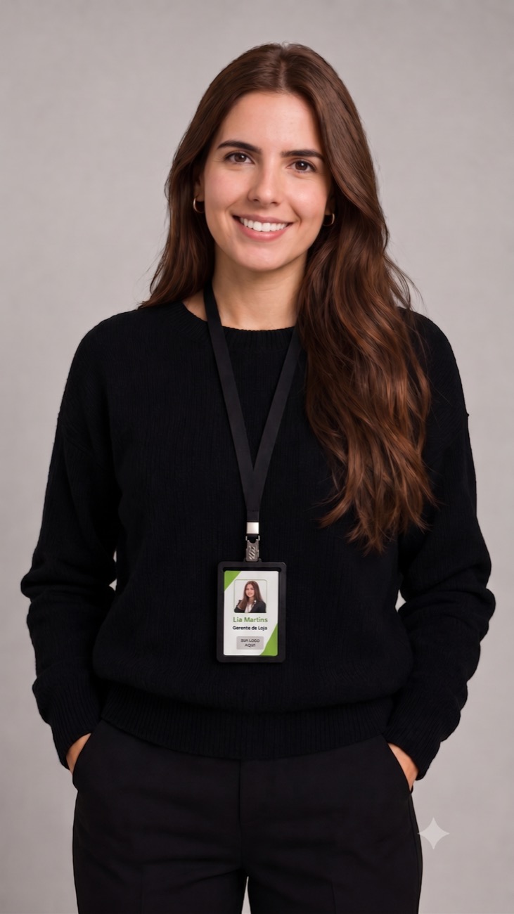Vendedora usando o Smart Badge no cordão, na altura do peito